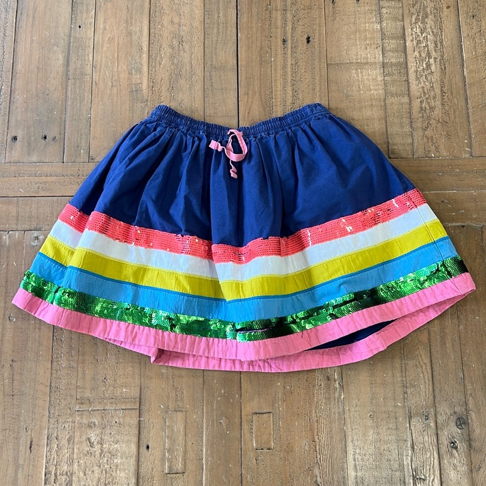 Mini Boden Navy Skirt with Rainbow Stripes